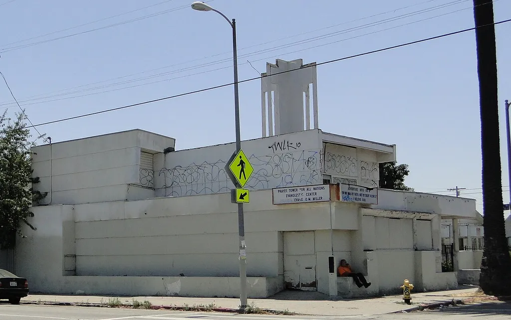 Bethlehem Baptist Church, 4901 Compton Avenue, Los Angles, California. Los Angeles Historic-Cultural Monument #968. Built in 1944 and located in South Los Angeles, this is the only built church designed by the master architect R.M. Schindler. The Modernist church features horizontal bands of stucco, an L-shaped floor plan, and an open cruciform tower, all arranged in a layered de Stijl pattern meant to attract the attention of passing cars. The building was created for a small African-American congregation, serving as a church and community center; it has been vacant for the past several years.