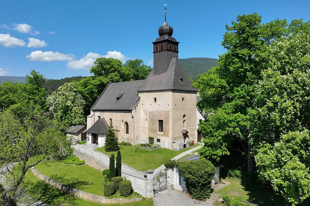 Southeast view of the parish church in St. Johann am Steinfelde in Lower Austria.