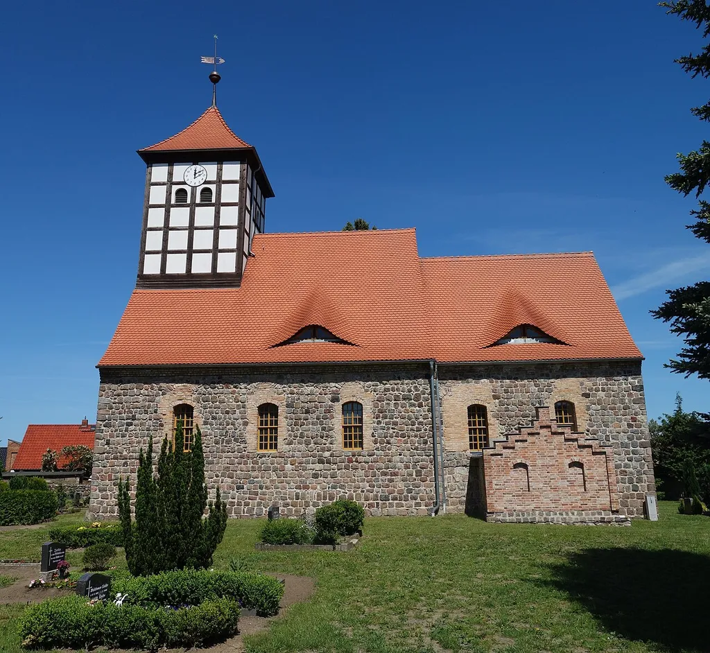 Southern view of the church in Tornow , Eberswalde municipality , Barnim district, Brandenburg state, Germany.