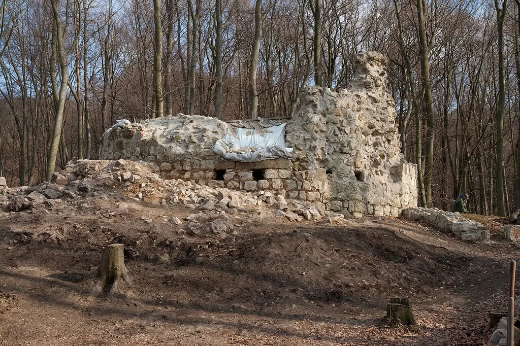Ruin of the castle keep after the archaeological excavation in March 2013, seen from northwest.