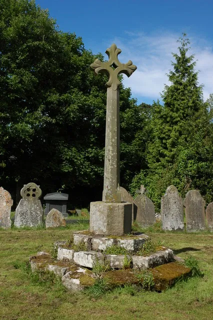 Stone cross in St Peter's parish churchyard, Withington, Herefordshire. The three octagonal steps may be 14th- or 15th-century. The shaft and head are replacements installed by R Powell, the Rector, and churchwardens JP Apperley and C Childin 1897 to commemorate the Diamond Jubilee of Queen Victoria.