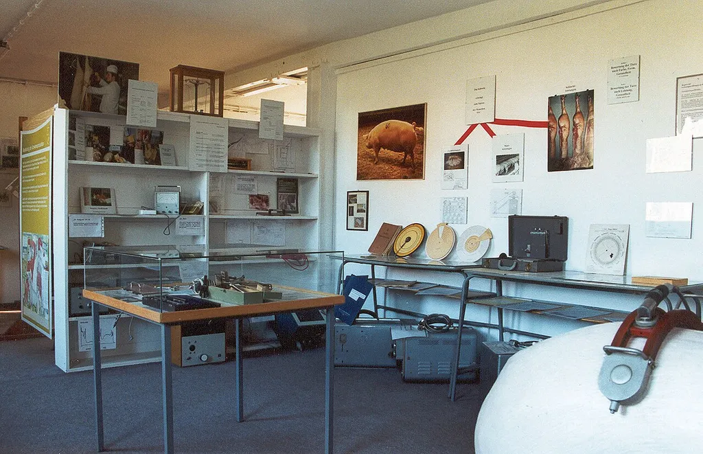 Blick in einen Ausstellungsraum des Deutschen Schweinemuseums über die Leistungsprüfung. Exponat aus dem Deutschen Schweinemuseum Ruhlsdorf.