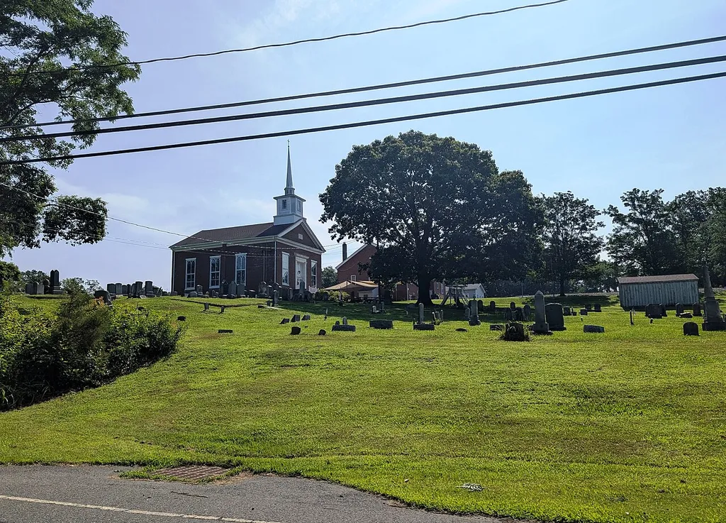Photo of the Jacobstown Baptist Church and cemetery in the community of Jacobstown within North Hanover Township, New Jersey. Photo taken from Jacobstown-Arneytown Road looking northeast.