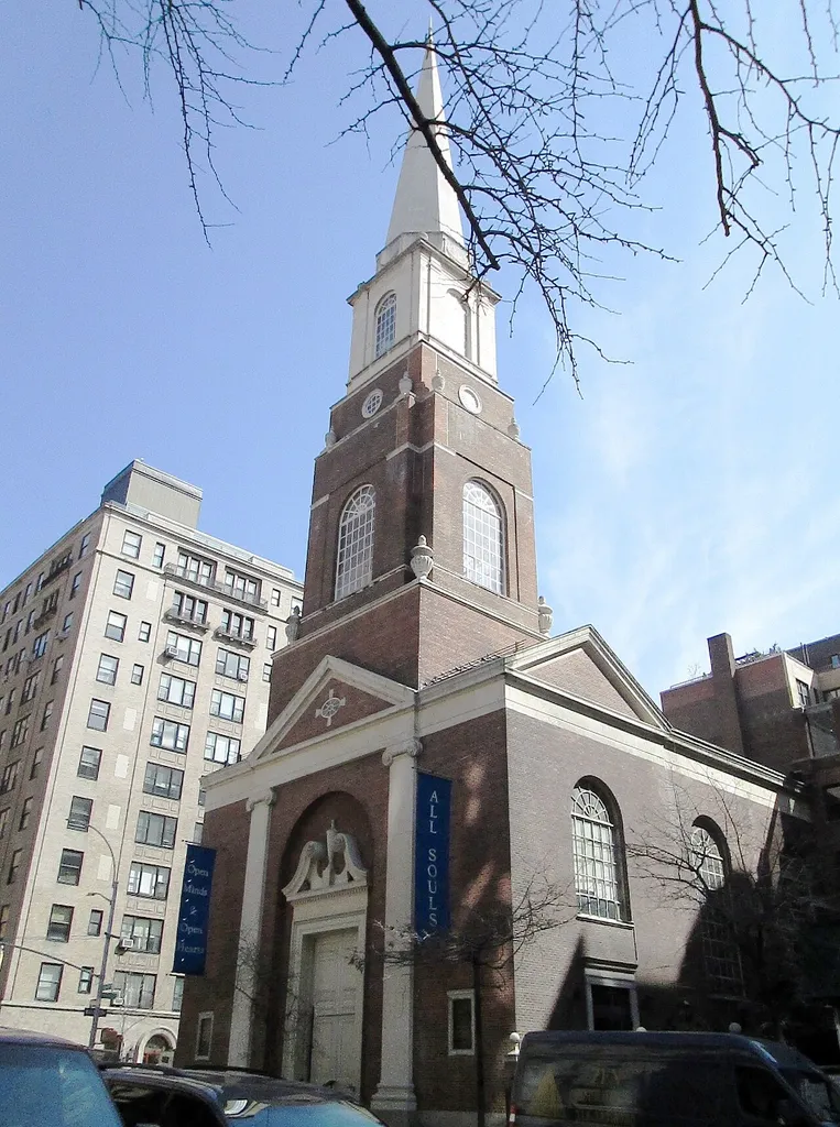 The Unitarian Church of All Souls at 1157 Lexington Avenue at East 80th Street in the Upper East Side of Manahattan was built in 1932 and was designed by Herbert Upjohn – Richard Upjohn's grandson – in the Neo-colonial style with a Regency-style brick base. It is the congregation's fourth sanctuary. (Sources: From Abyssinian to Zion (2010) and AIA Guide to NYC (5th ed.)