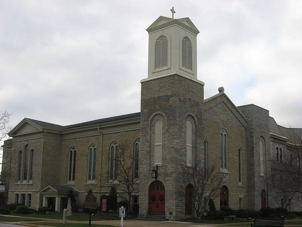 Front and eastern side of Grace Episcopal Church, located at 315 Wayne Street (U.S. Route 6) in Sandusky, Ohio, United States. Built in 1835, it is listed on the National Register of Historic Places.
