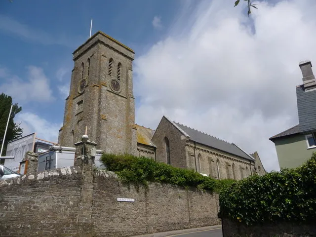 Salcombe: parish church of the Holy Trinity Looking up at the church from Market Street. It is currently undergoing some work, or being 'reordered' as the signboard states.