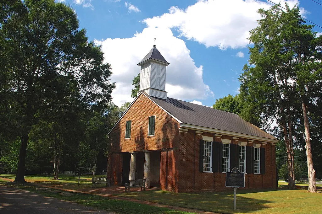 The old Brick Church in Mooresville, Alabama, United States. This church is listed on the National Register of Historic Places as a contributing property in the Mooresville Historic District.