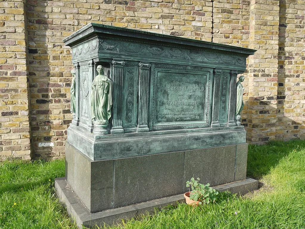 Grave of James McNeill Whistler and his wife Beatrix, Chiswick Old Churchyard. The tombstone has settled unevenly.