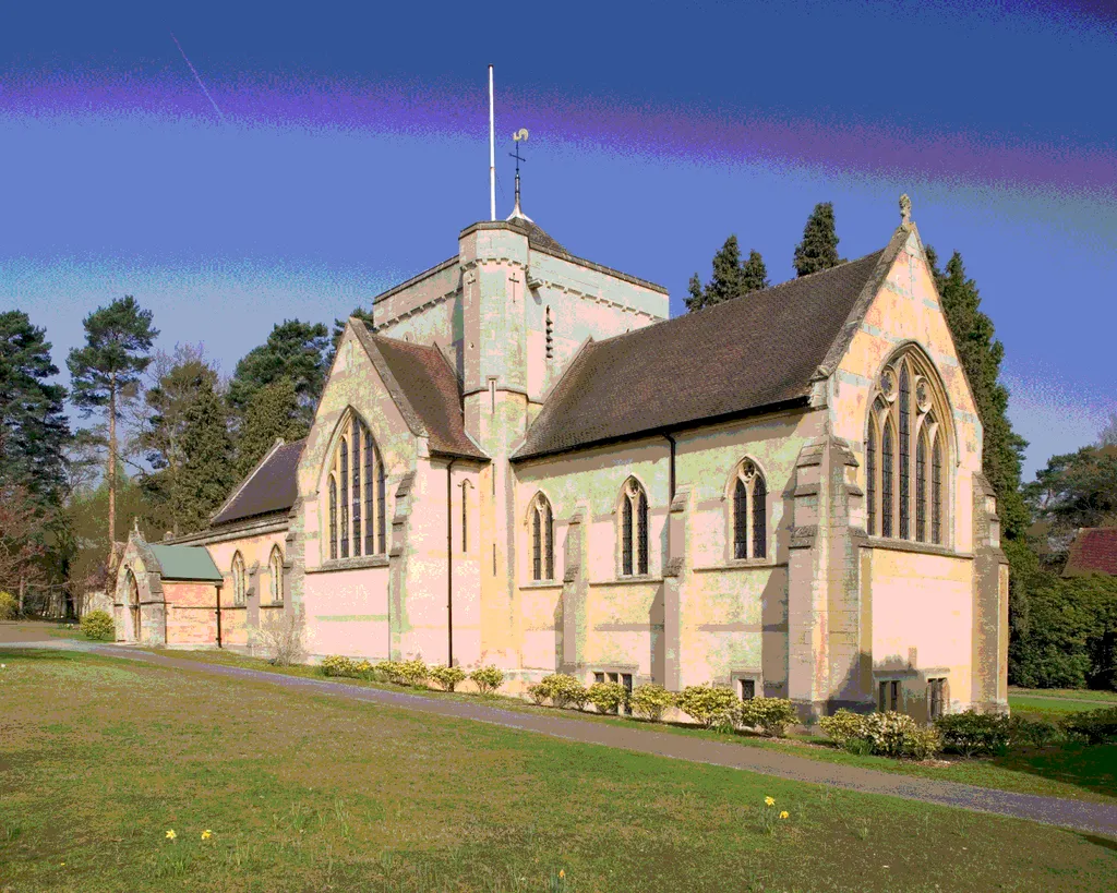 St Mark's Church, Octagon Road, Whiteley Village, Surrey, seen from the southeast. Designed by Sir Walter Tapper, completed in 1912 and dedicated on St Mark's Day, 25 April 1918.