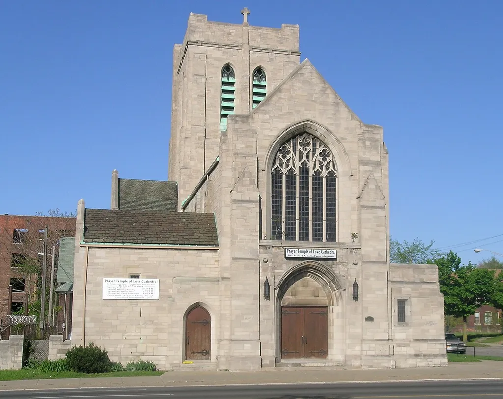 The historic Grace Evangelical Lutheran Church in Highland Park, Michigan, United States, seen here from across Woodward Avenue, is listed on the US National Register of Historic Places (NRHP). It is currently in use as a church under the name of Prayer Temple of Love Cathedral.NRHP reference number 82002919