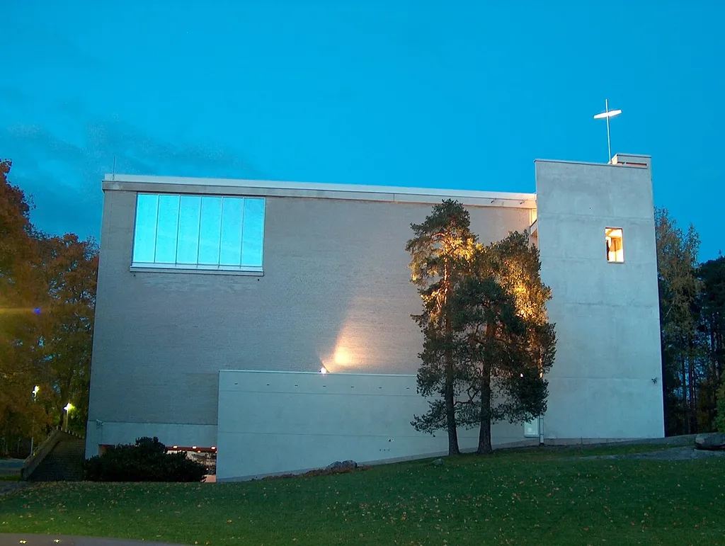 Kerava Church in Kerava, Finland, in the evening. The church was designed by architect Ahti Korhonen and completed in 1963.