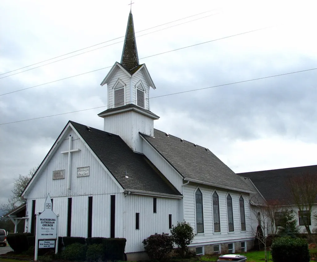 The historic Macksburg Lutheran Church (originally built 1892), located at 10190 South Macksburg Road near Canby, Oregon, United States, is listed on the US National Register of Historic Places. It remains an active parish. This is an image of a place or building that is listed on the National Register of Historic Places in the United States of America. Its reference number is 82003722 (Wikidata).