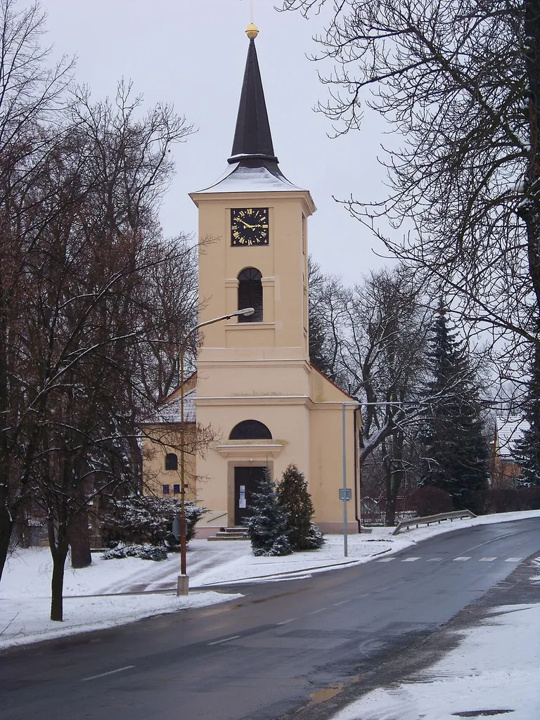 Tuchlovice, Kladno District, Central Bohemian Region, the Czech Republic. Karlovarská Street, the church of Saint Gall.