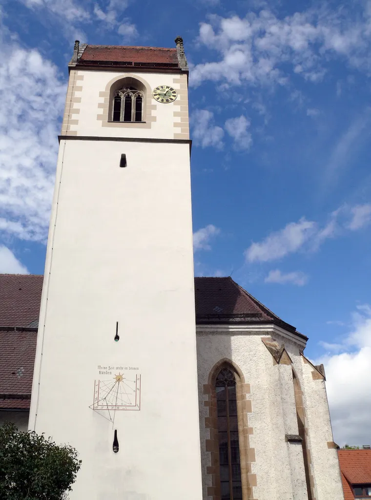 Bell tower of the Marienkirche in Upfingen (a district of Sankt Johann, Baden-Württemberg, Germany), seen from southeast.