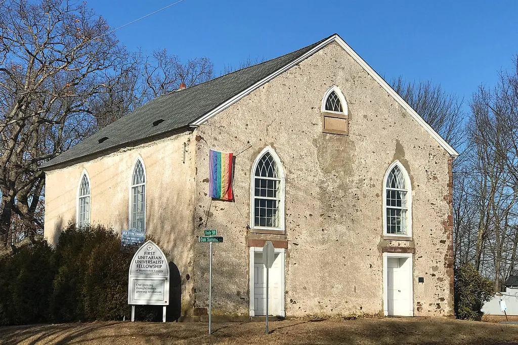 The Old Stone Church in Kingwood Township, New Jersey. This is an image of a place or building that is listed on the National Register of Historic Places in the United States of America. Its reference number is 100002053 (Wikidata).