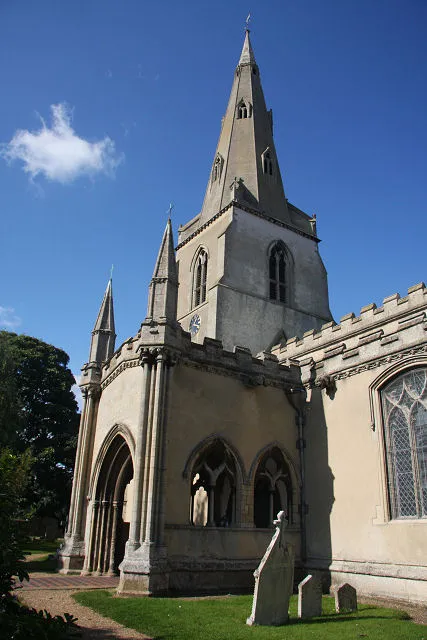 South porch, west tower and spire of St Mary's parish church, Over, Cambridgeshire