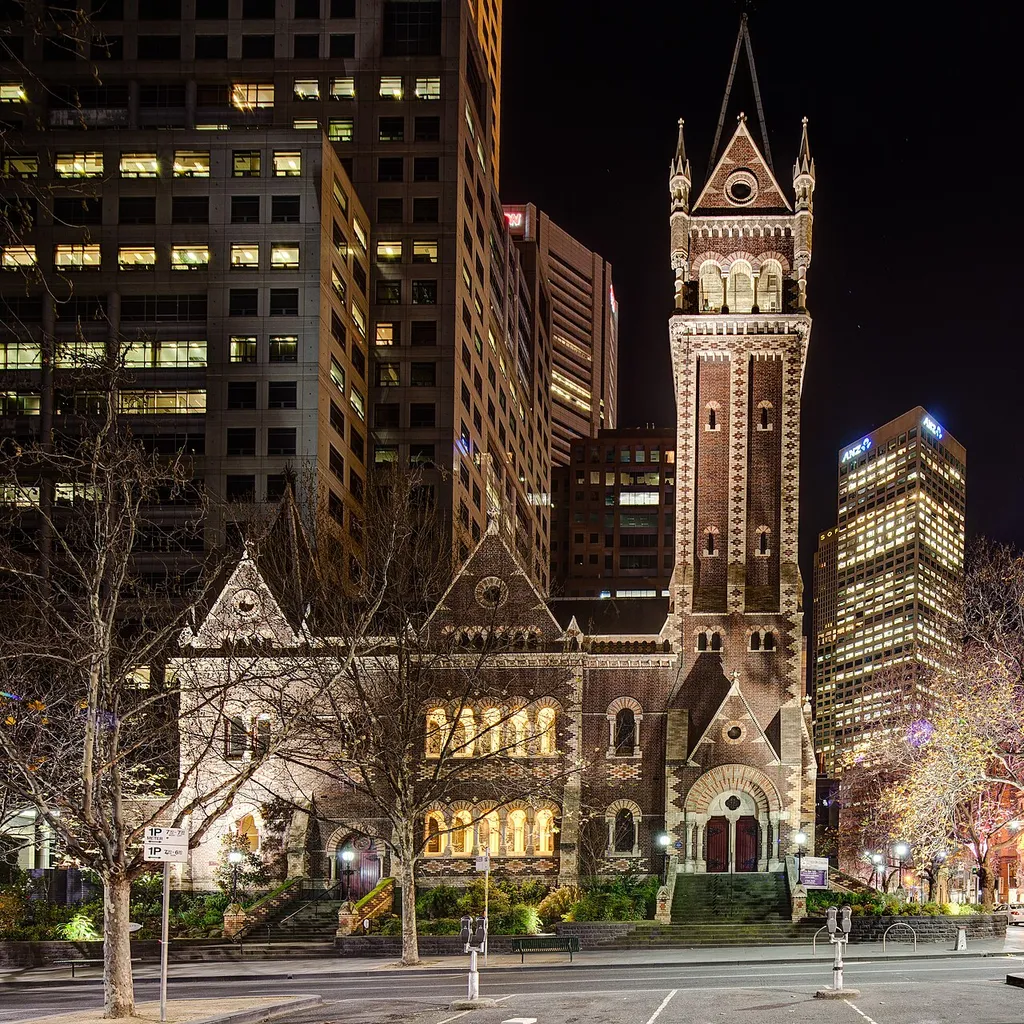 St Michael's Uniting Church in central Melbourne, Australia, at night.