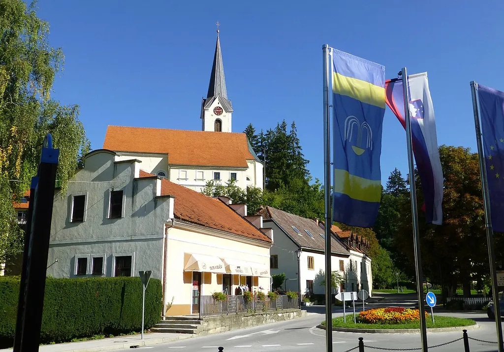 The center of Dobrna and its church, Slovenia. Spa municipality near Zalec.