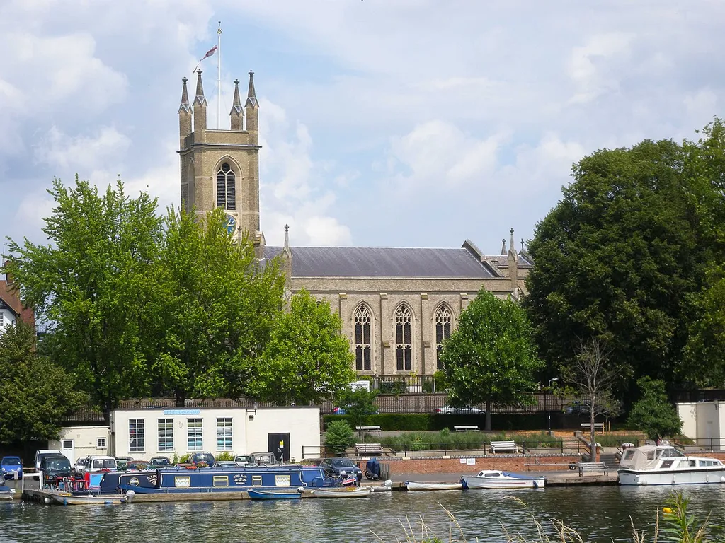 St Mary's Parish Church, Hampton and the Hampton Ferry from the Molesey side of the river Thames