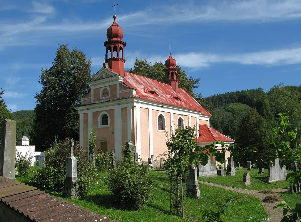 Barokní kostel sv. Jakuba z r. 1712 s gotickými základy, proti němu fara, patrový omítnutý srub s mansardovou střechou z r. 1794.