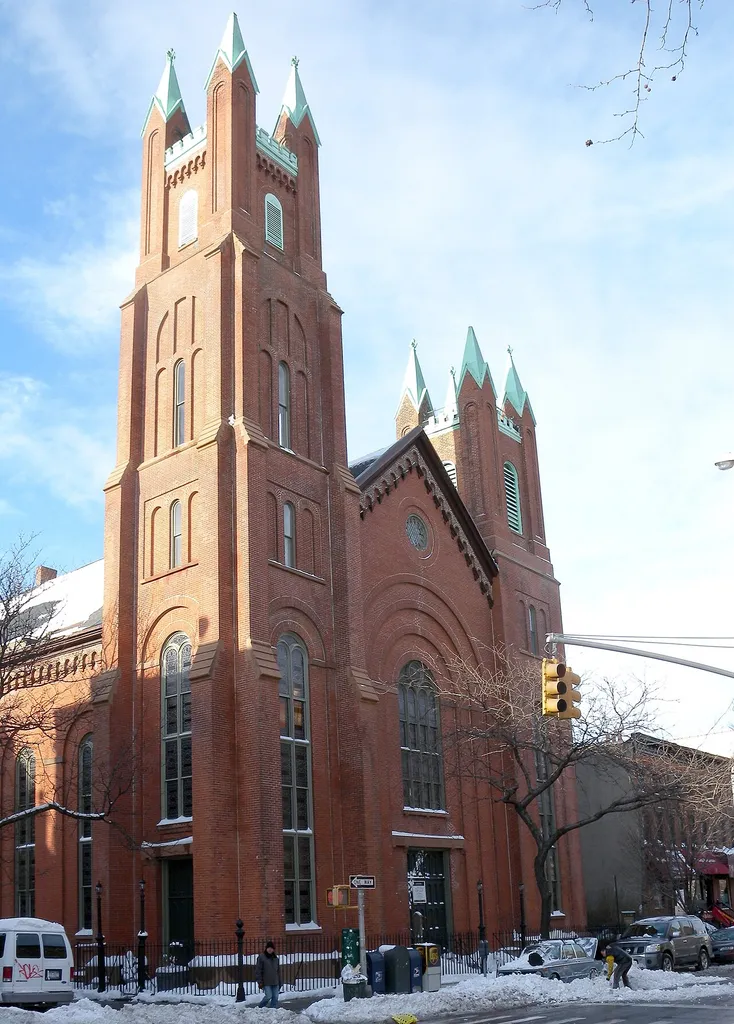 Looking north across President and Court Streets at former South Congregational Church. NYCLPC designation 1983.