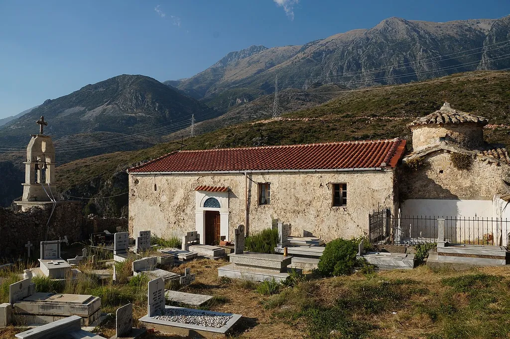 St. Mary Church of the monastery of Dhërmi: courtyard and church building with its entrance