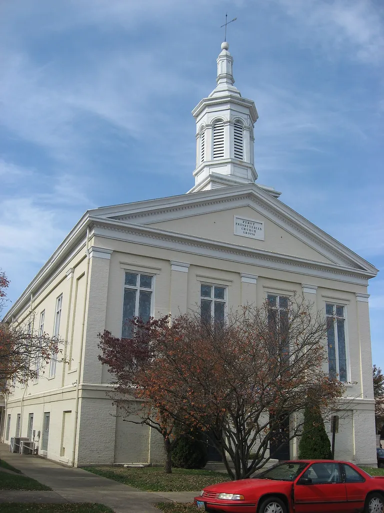 Front and southern side of First Presbyterian Church, located at 221 Court Street in Portsmouth, Ohio, United States. Built in 1849, it is listed on the National Register of Historic Places.