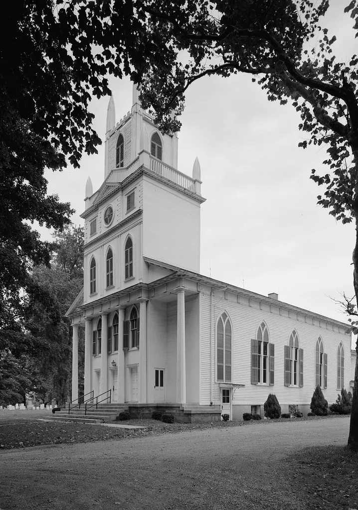 Front of the Congregational-Presbyterian Church, located on Church Street in Kinsman, an unincorporated community in Kinsman Township, Trumbull County, Ohio, United States. Built in 1831, it is listed on the National Register of Historic Places.