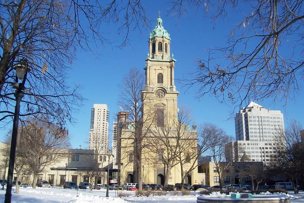 Copyright Â© 2006 Sulfur The historic Cathedral of St. John the Evangelist, as seen from across Cathedral Square Park in Milwaukee, Wisconsin.