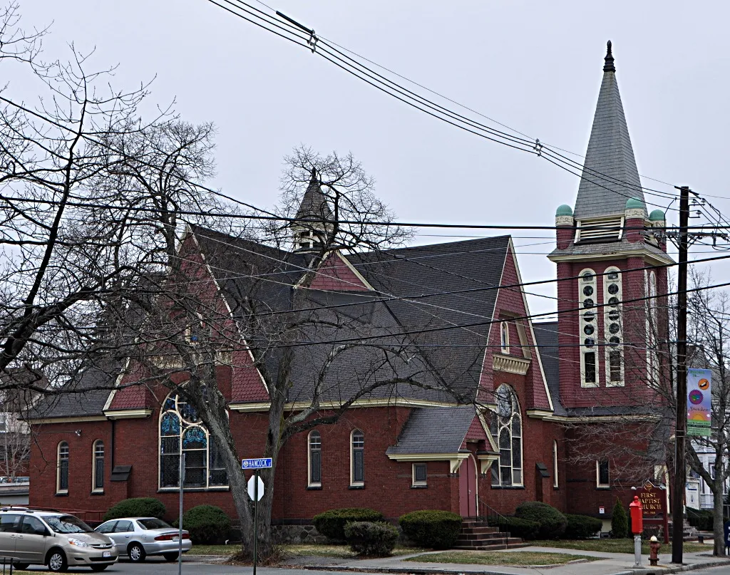 A photograph of the historic First Baptist Church in Stoneham, Massachusetts.