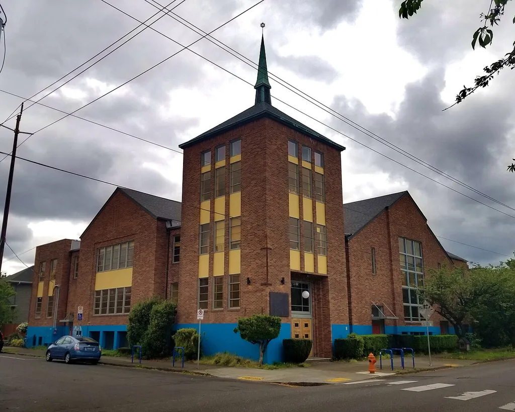 The historic Mallory Avenue Christian Church (built 1949), located at 126 NE Alberta Street in Portland, Oregon, United States, is listed on the U.S. National Register of Historic Places. As of the photo date, the building is known as Alberta Abbey. This is an image of a place or building that is listed on the National Register of Historic Places in the United States of America. Its reference number is 100006187 (Wikidata).