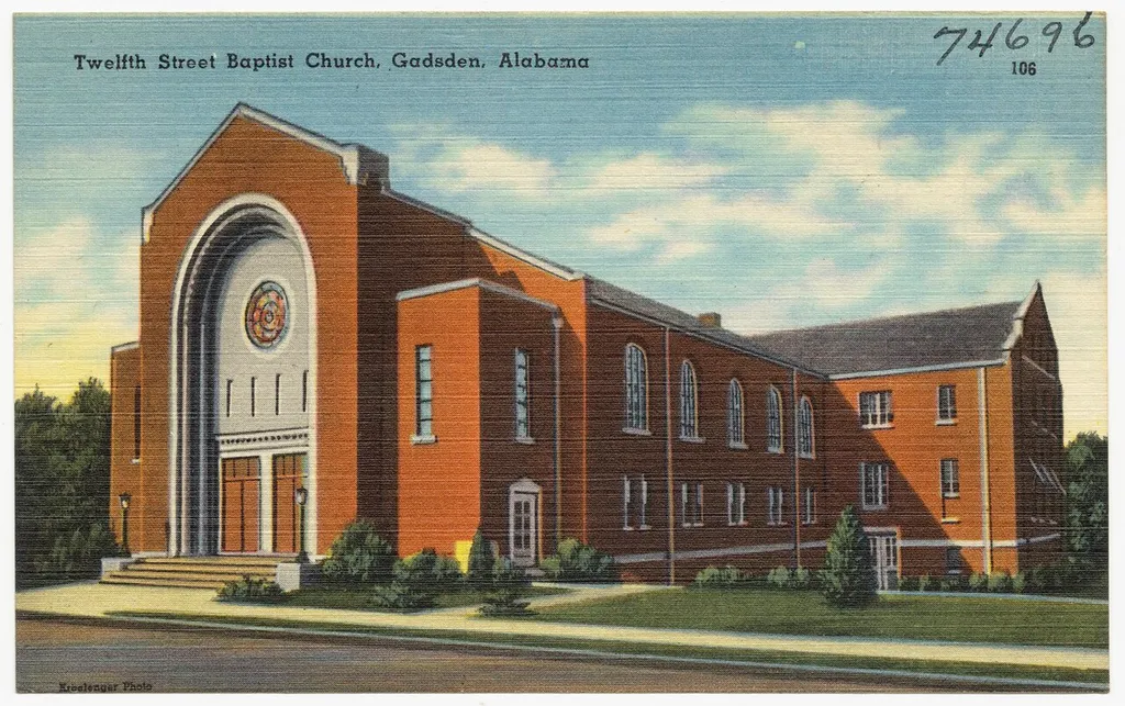 File name: 06_10_012869 Title: Twelfth Street Baptist Church, Gadsden, Alabama Created/Published: Date issued: 1930 - 1945 (approximate) Physical description: 1 print (postcard) : linen texture, color ; 3 1/2 x 5 1/2 in. Genre: Postcards Subject: Churches Notes: Title from item. Collection: The Tichnor Brothers Collection Location: Boston Public Library, Print Department Rights: No known restrictions