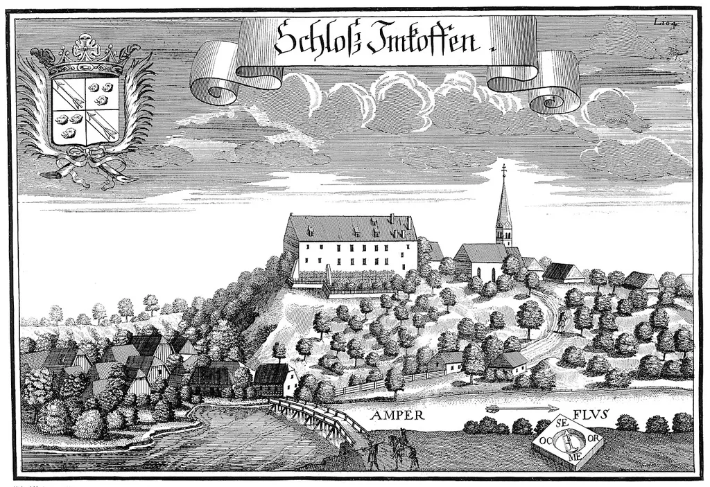 Kupferstich Inkofen, Schloss, an der Amper