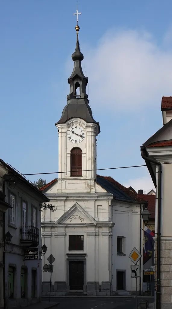 Front facade of St. Leonard Church, Vrhnika, Slovenia.