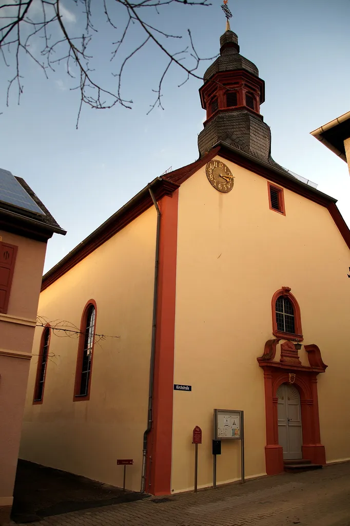 Protestant church in Eckelsheim photographed from the southeast from the main road