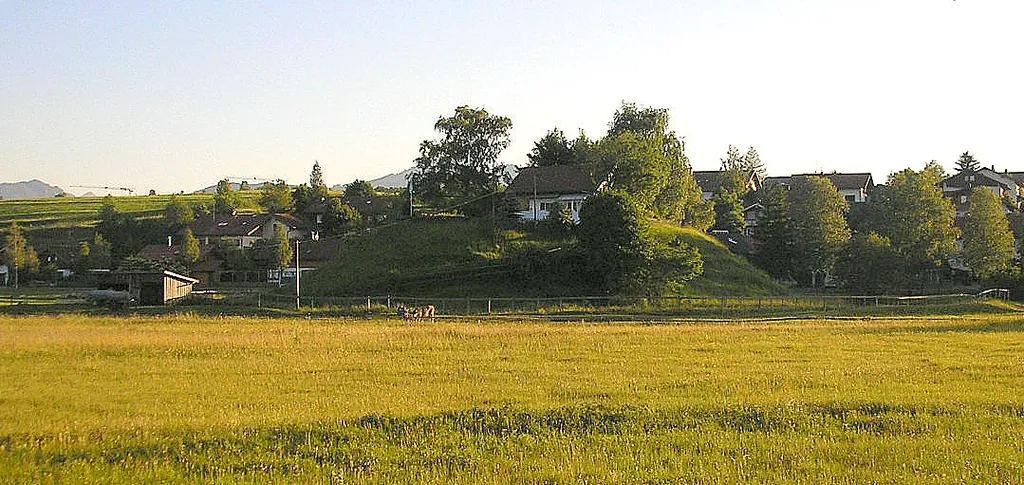 High Middle Ages motte-and-bailey castle at Burk (Seeg, Landkreis Ostallgäu, Bavaria, Germany). Total view from the east