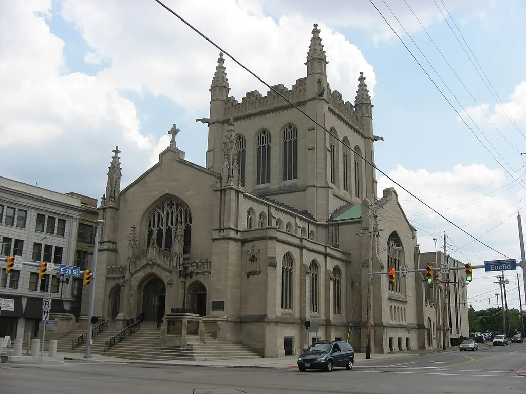 Front and western side of First Methodist Church, located at the intersection of Euclid Avenue and 30th Street in Cleveland, Ohio, United States. Located east of downtown, First Methodist was built in 1905 and is listed on the National Register of Historic Places.
