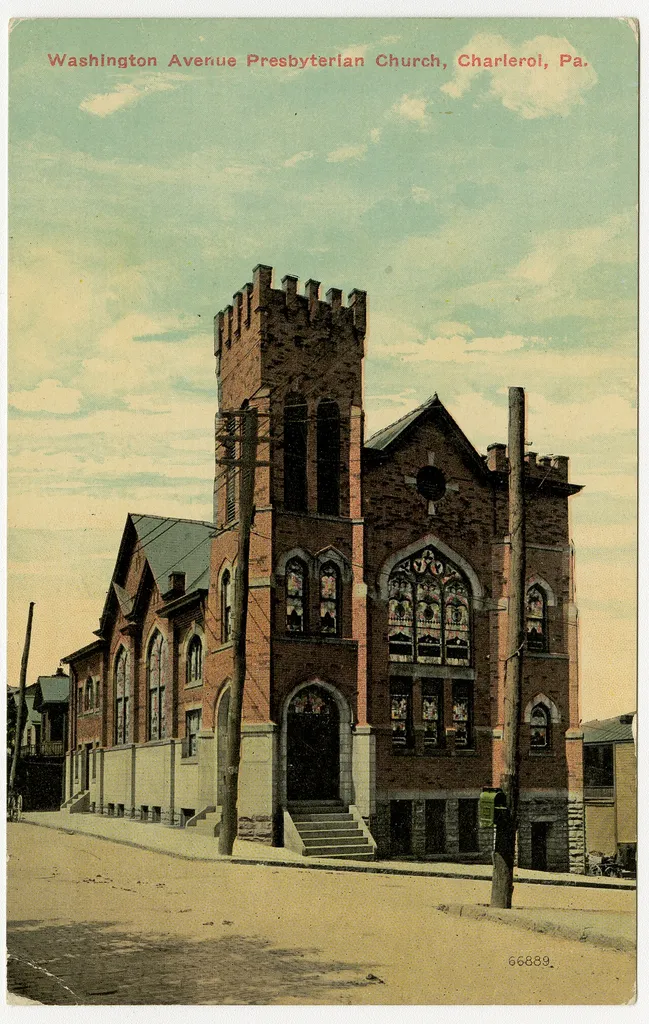 on a pre-1923 postcard. Washington Avenue Presbyterian Church, Charleroi, Pennsylvania. From RG 428, Postcard Collection, Presbyterian Historical Society, Philadelphia, Pennsylvania.