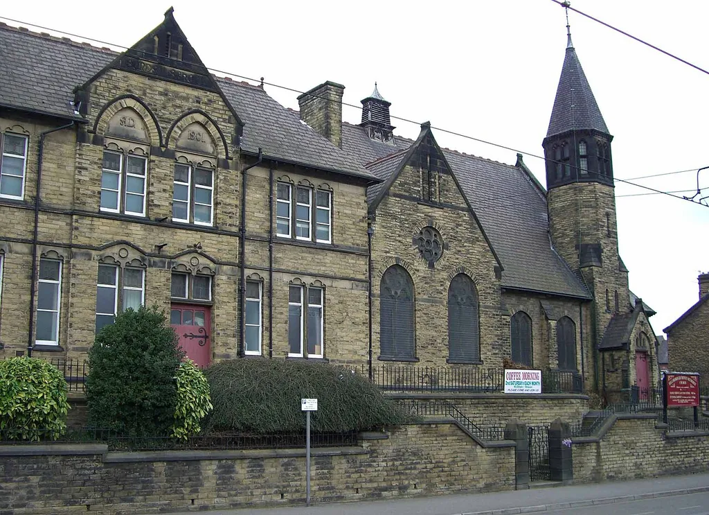 Hillsborough Trinity Methodist Church (right) and part of its Sunday School (left), Middlewood Road, Hillsborough, Sheffield, South Yorkshire, seen from the southeast