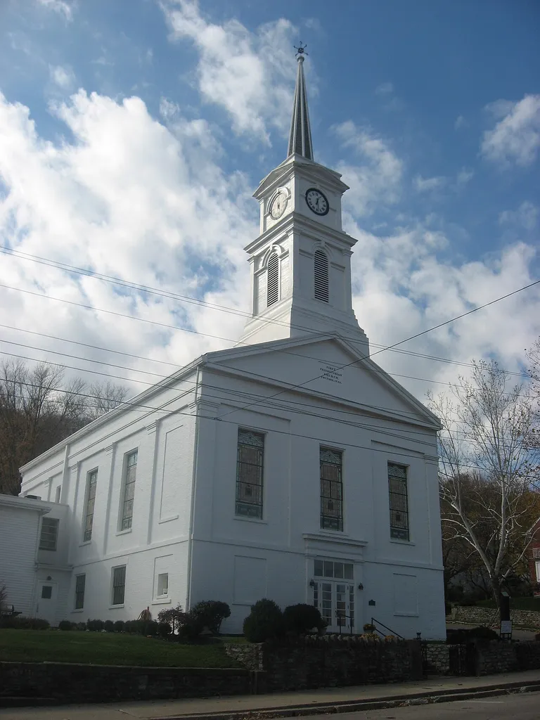 Front and eastern side of the First Presbyterian Church, located at 215 Fourth Street in Aurora, Indiana, United States. Built in 1855, it is listed on the National Register of Historic Places, and it is part of a Register-listed historic district, the Downtown Aurora Historic District.