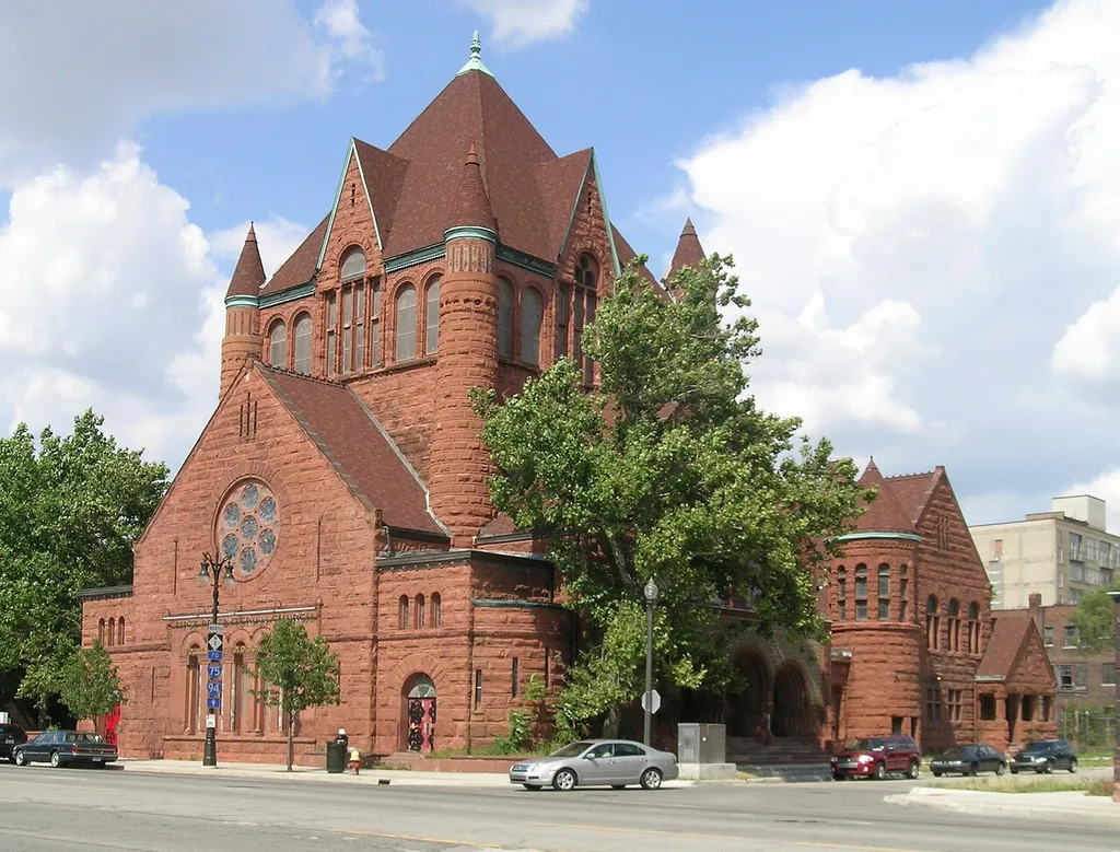 First Presbyterian Church — The Ecumenical Theological Seminary. At 2930 Woodward Avenue in the Brush Park neighborhood, mid-city Detroit, Michigan. Built in 1889 in the Romanesque revival Richardsonian Romanesque style. A Contributing property in the Brush Park Historic District, a Michigan State Historic Site, and on the National Register of Historic Places.