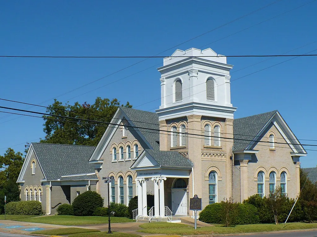 First Presbyterian Church in Demopolis, Alabama, United States. Built in 1869 as a wood-frame structure, but completely remodeled into the current masonry building in 1905.