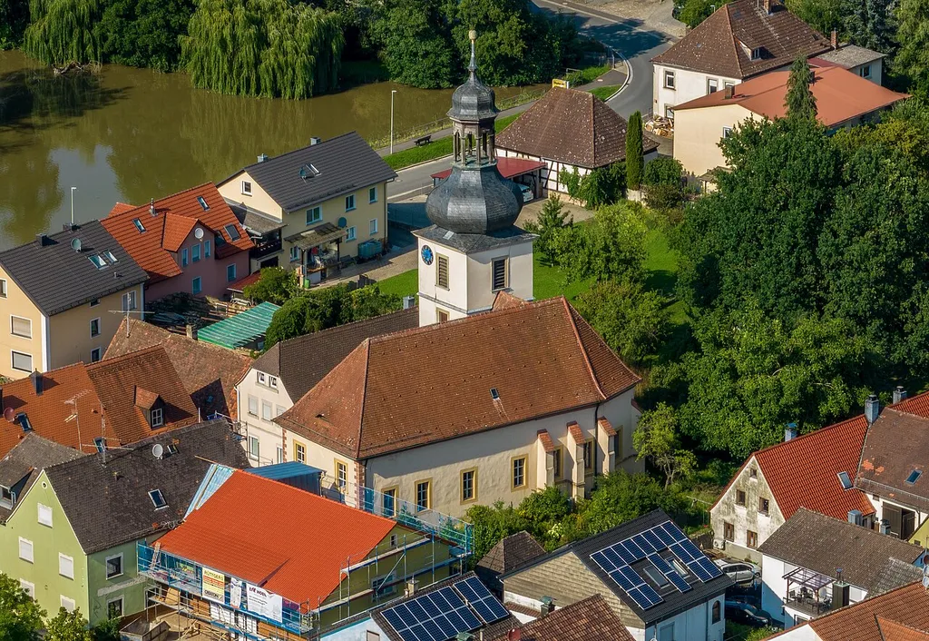 Evangelical Lutheran parish church St. Laurentius in Aschbach, aerial view