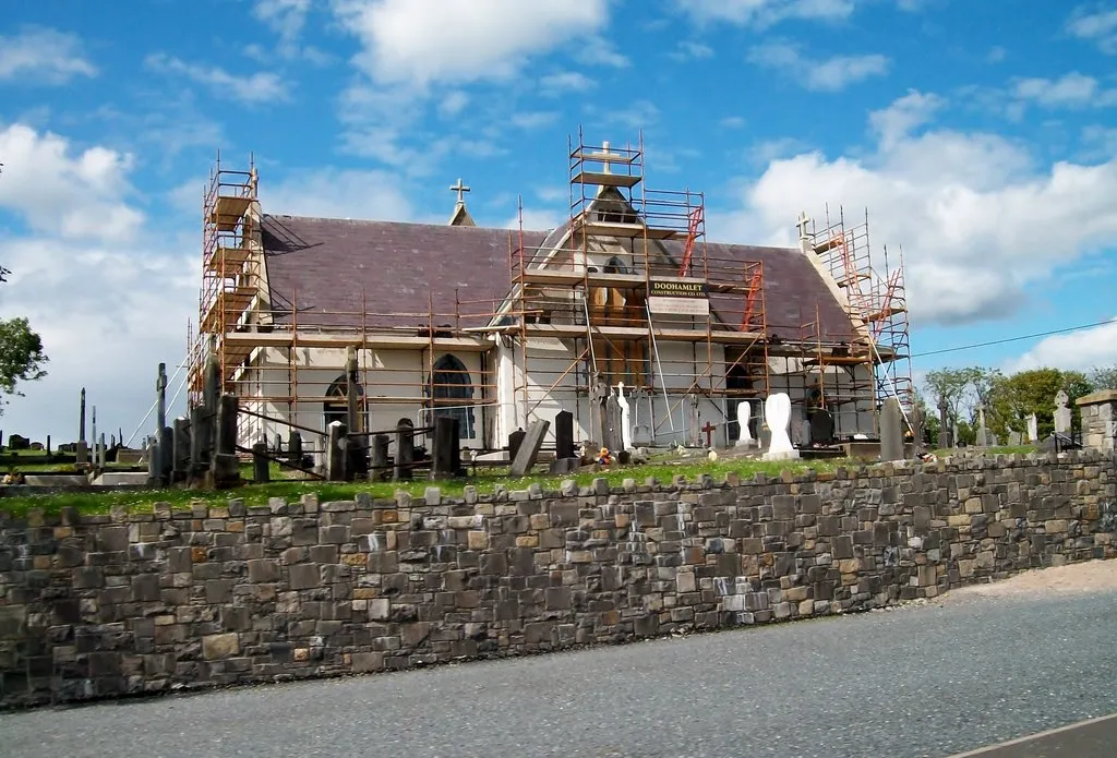 The Sacred Heart Catholic church under repair west of Lough Eglish