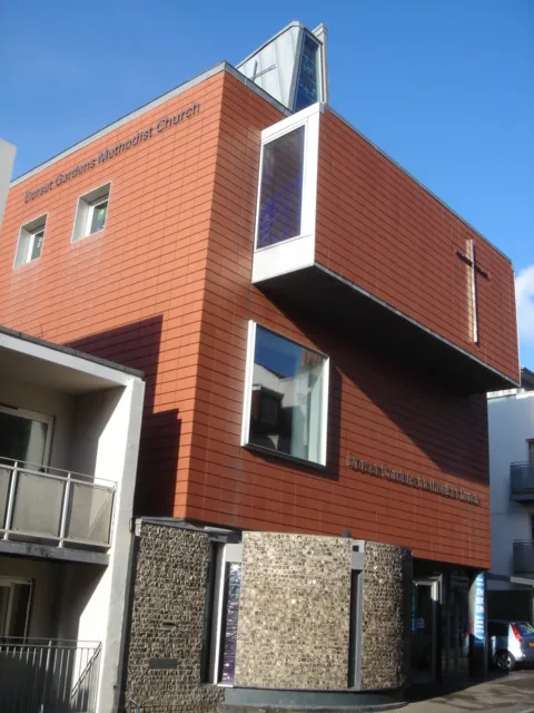 Methodist church of modern design in Dorset Gardens, Kemptown, Brighton. Looking towards NW.