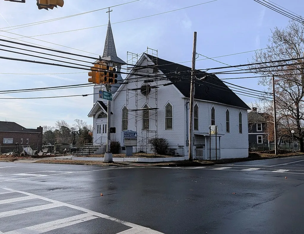 Photo of the First Pentecostal Apostolic Mission church in the community of Browns Mills within Pemberton Township, New Jersey. Photo taken from the intersection of County Route 667 (Broadway) and CR 545 (Trenton Road) looking southwest.