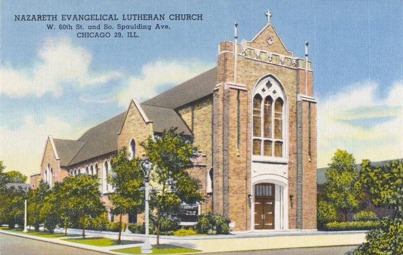 The former Nazareth Evangelical Lutheran Church. Since 2015, this building has been occupied by Holy Bethel Pentecostal Fire Baptized Holiness Church / City of Praise Church Chicago.