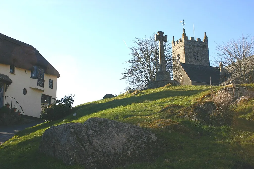 View in Lustleigh, Devon. Contains Celtic Cross, Church and Tea Rooms