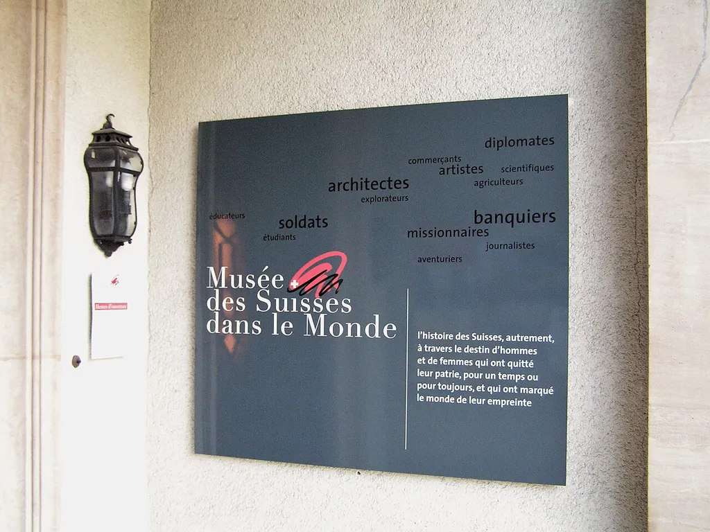 Chemin de l'Impératrice 18, Pregny-Chambésy. Musée des Suisses dans le monde. Plaque à l'entrée.
