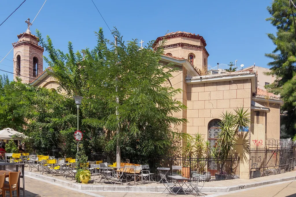 The byzantine church of Agioi Anargyroi in Psyrri, Athens. The church dates from the 11th century, but it has many later additions. It has a characteristic dome.